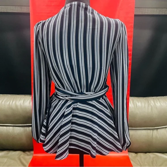 Ann Taylor LOFT Navy Blue Stripe Long Sleeve Wrap Blouse XXS - Picture 4 of 6